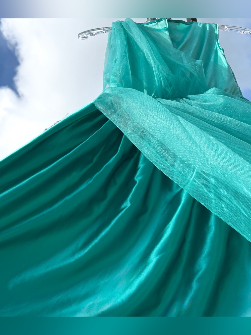 Girls Teal Blue Statue Of Liberty Dress Gown Size M Satin Tulle Sequins Costume - Picture 11 of 12
